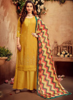 Lovely Yellow Viscose Embroidered Work Designer Palazzo Suit