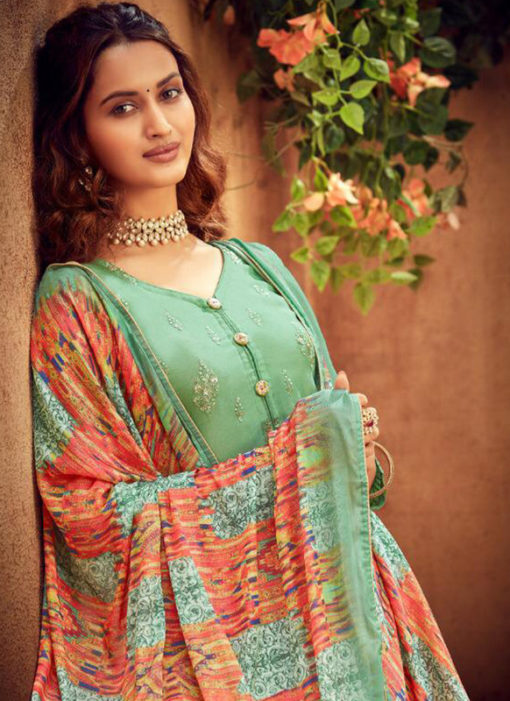 Lovely Pista Green Viscose Embroidered Work Designer Palazzo Suit