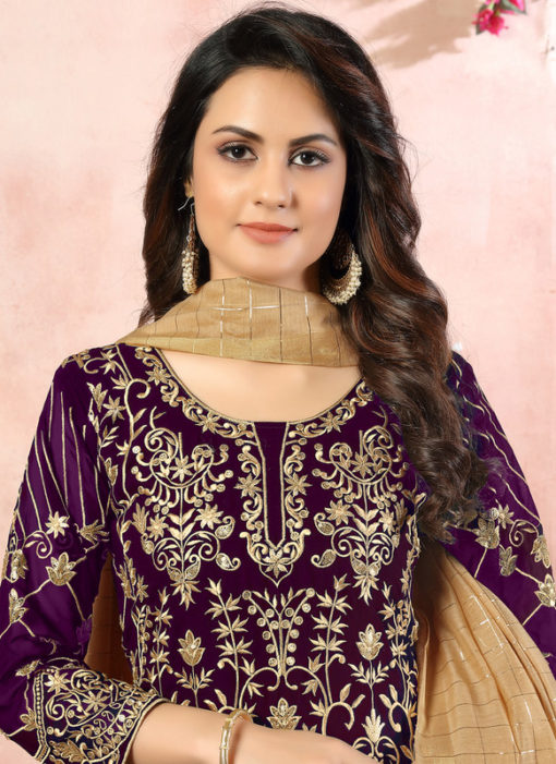 Purple Faux Georgette Embroidered Work Wedding Wear Salwar Suit