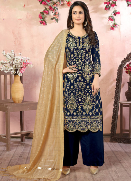 Blue Faux Georgette Embroidered Work Wedding Wear Salwar Suit