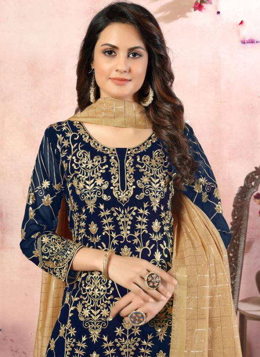 Blue Faux Georgette Embroidered Work Wedding Wear Salwar Suit