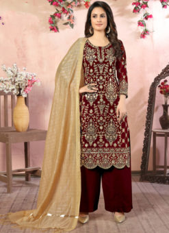 Maroon Faux Georgette Embroidered Work Wedding Wear Salwar Suit