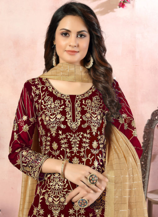 Maroon Faux Georgette Embroidered Work Wedding Wear Salwar Suit