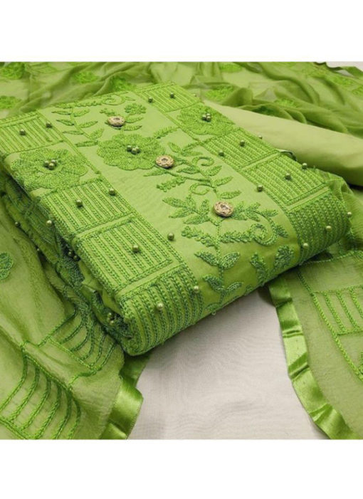 Knockout Green Embroidered And Moti Work Designer Cotton Salwar Kameez