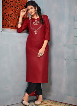 Maroon Rayon Embroidered Wrok Party Wear Kurti With Designer Pant