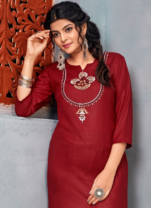 Maroon Rayon Embroidered Wrok Party Wear Kurti With Designer Pant
