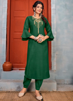 Green Rayon Embroidered Work Party Wear Kurti With Designer Pant