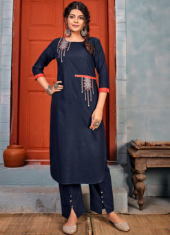 Blue Rayon Embroidered Work Party Wear Kurti With Designer Pant