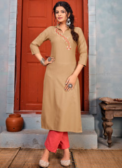 Chikoo Rayon Embroidered Work Party Wear Kurti With Designer Pant