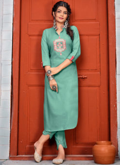 Sea Blue Rayon Embroidered Work Party Wear Kurti With Designer Pant