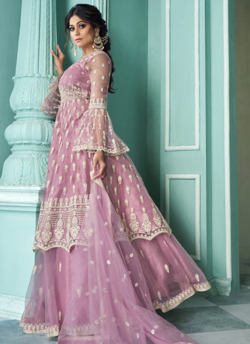 Lavender Butterfly Net Front N Back Full Embroidery Sharara Salwar Suit