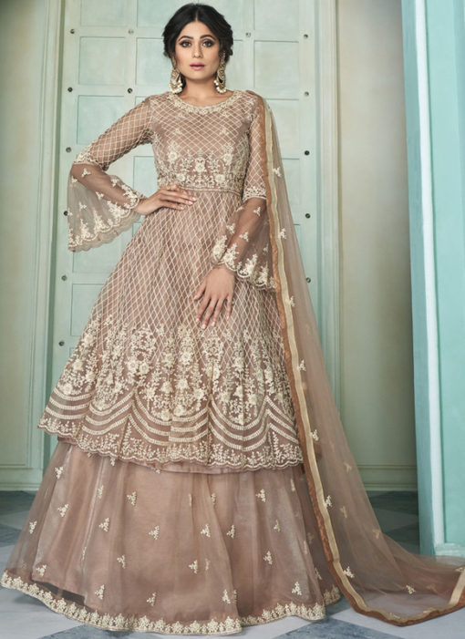 Brown Butterfly Net Front N Back Full Embroidery Sharara Salwar Suit