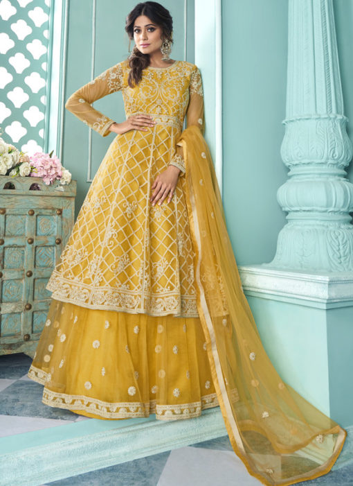 Yellow Butterfly Net Front N Back Full Embroidery Sharara Salwar Suit
