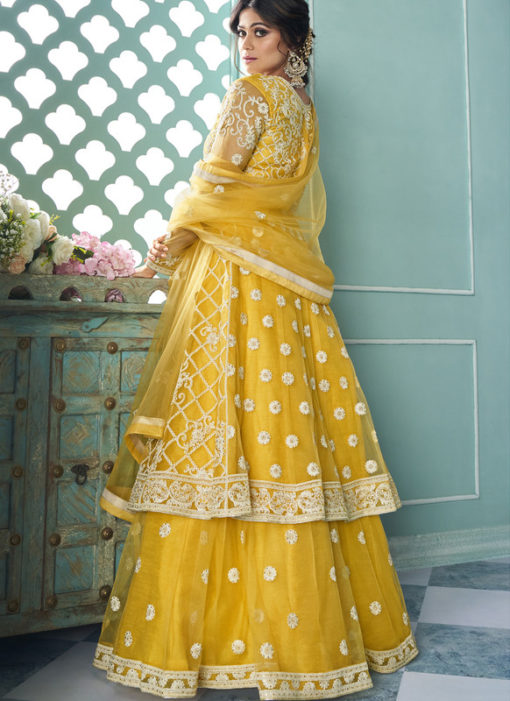 Yellow Butterfly Net Front N Back Full Embroidery Sharara Salwar Suit