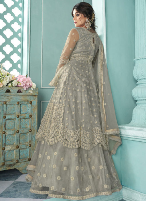 Grey Butterfly Net Front N Back Full Embroidery Sharara Salwar Suit