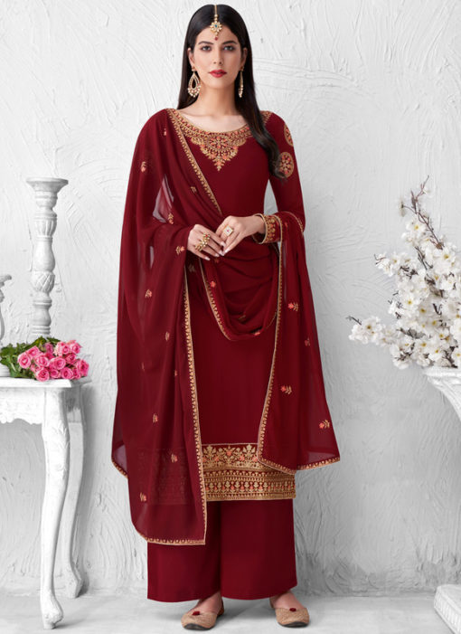 Georgette Maroon Embroidered Work Designer Palazzo Suit