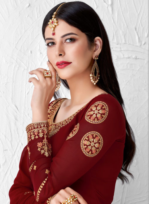Georgette Maroon Embroidered Work Designer Palazzo Suit