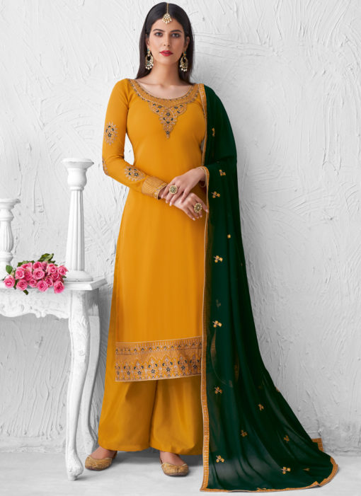 Embroidered Work Yellow Party Wear Designer Palazzo Suit