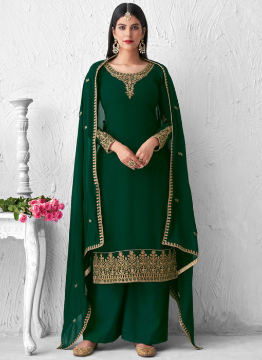 Palazzo Suit Georgette Designer Embroidered Work Green