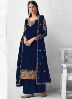 Designer Embroidered Work Blue Georgette Palazzo Suit