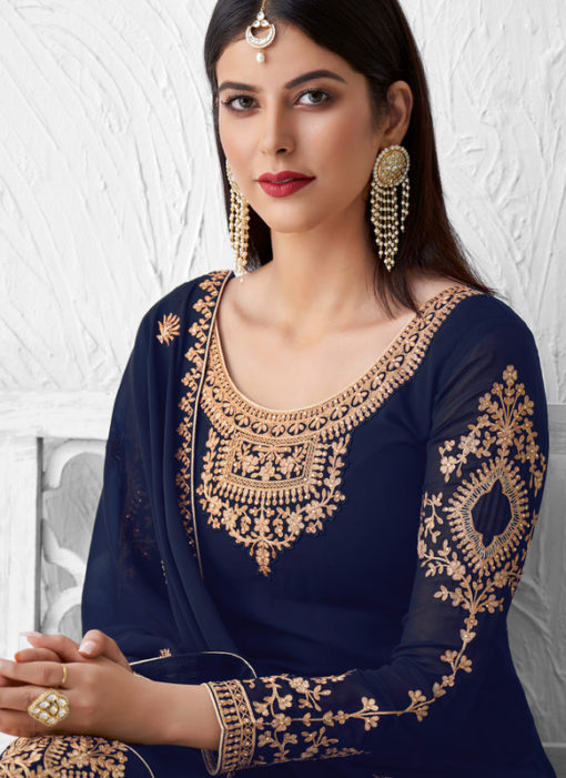 Designer Embroidered Work Blue Georgette Palazzo Suit