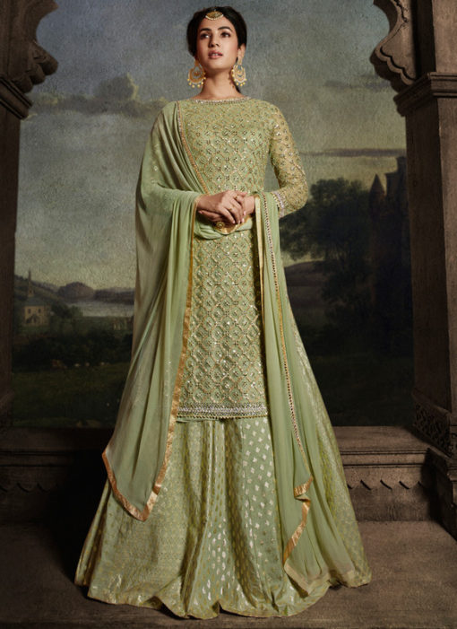 Green Embroidered Work Designer Floor Length Net Anarkali Suit