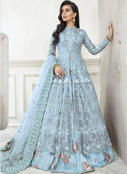 Sky Blue Net Embroidered Work Floor Length Designer Anarkali Suit