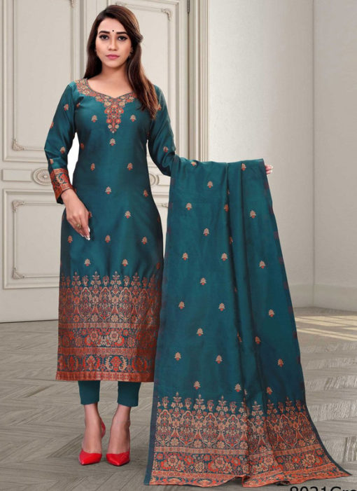 Regular Designer Embroidery Green Silk Salwar Suit
