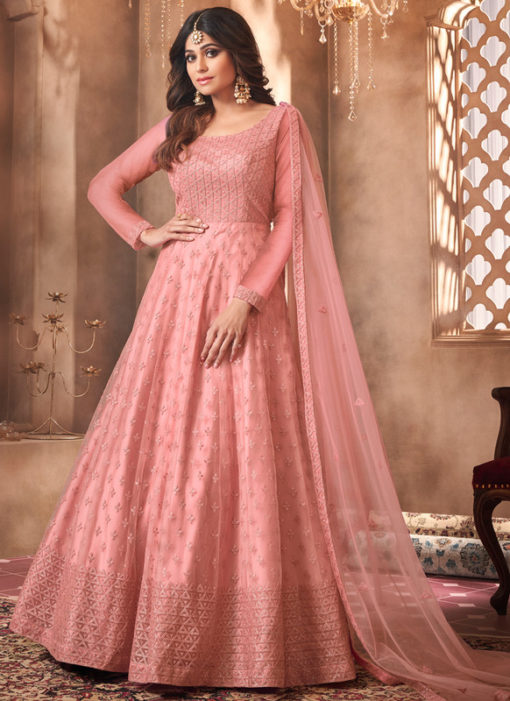 Shamita Shetty Pink Net Embroidered Work Bollywood Designer Anarkali Suit