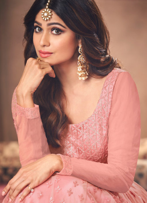 Shamita Shetty Pink Net Embroidered Work Bollywood Designer Anarkali Suit