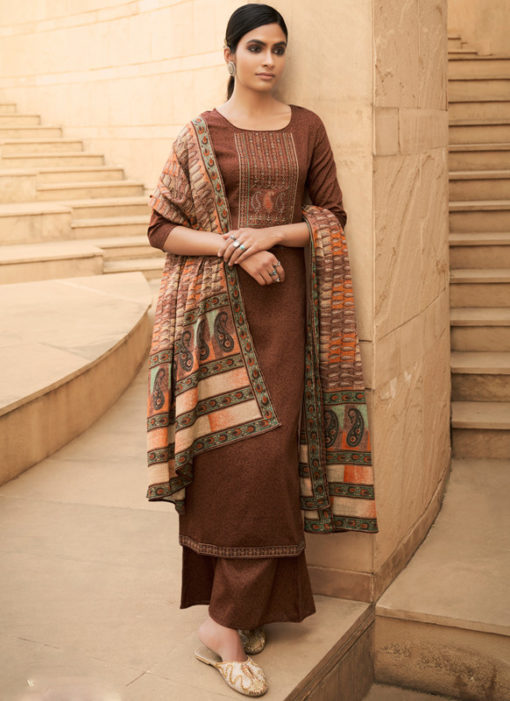 Delicious Chocolate Brown Cotton Embroidered Work Party Wear Palazzo Suit