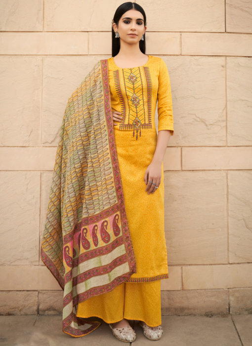Divine Yellow Pure Cotton Embroidered Work Designer Palazzo Suit