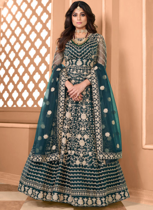 Shamita Shetty Morpich Net Embroidered Work Bollywood Designer Anarkali Suit