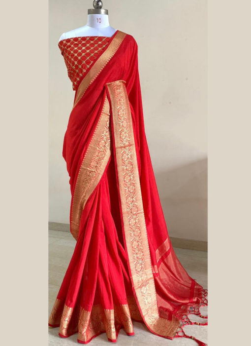 Lovely Red Silk With Woven Border And Sequence Blouse Designer Saree