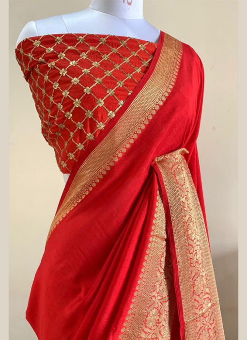 Lovely Red Silk With Woven Border And Sequence Blouse Designer Saree