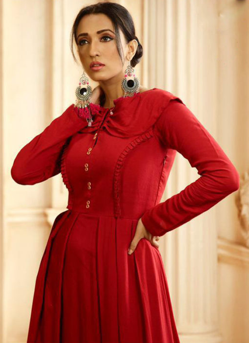 Elegant Red Rayon Cotton Handwork Designer Kurti
