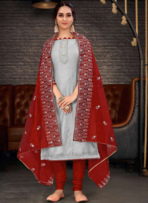 Mumtaz Grey Embroidered Work Designer Chanderi Silk Salwar Suit