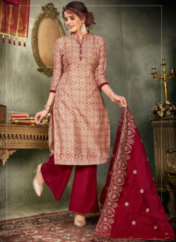 Lovely Golden Chanderi Silk Printed Party Wear Salwar Suit