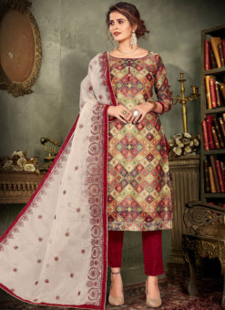 Multicolor Design Printed Chanderi Silk Party Wear Salwar Suit