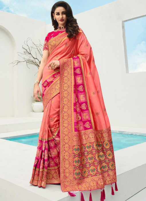Vrindavan Pink Silk Zari Weaving And Tassel Wedding Wear Saree