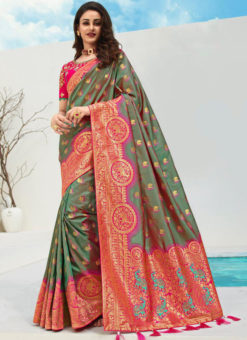 Vrindavan Grey Silk Zari Weaving And Tassel Wedding Wear Saree