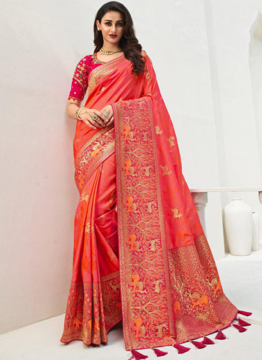 Vrindavan Pink Silk Zari Weaving And Tassel Wedding Wear Saree