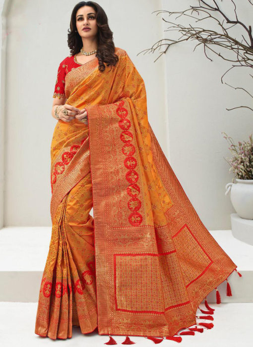 Vrindavan Mustard Silk Zari Weaving And Tassel Wedding Wear Saree