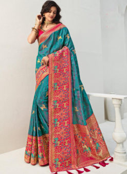 Vrindavan Blue Silk Zari Weaving And Tassel Wedding Wear Saree