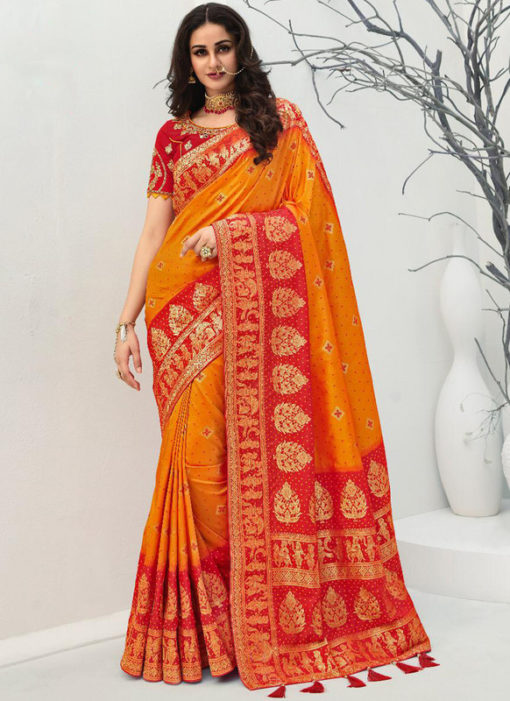 Vrindavan Yellow Silk Zari Weaving And Tassel Wedding Wear Saree