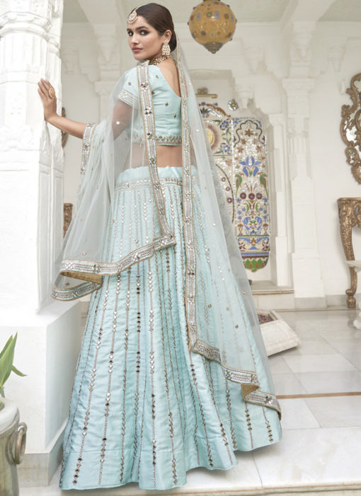 Awesome Ice Blue Silk Zari And Mirror Work Designer Lehenga Choli