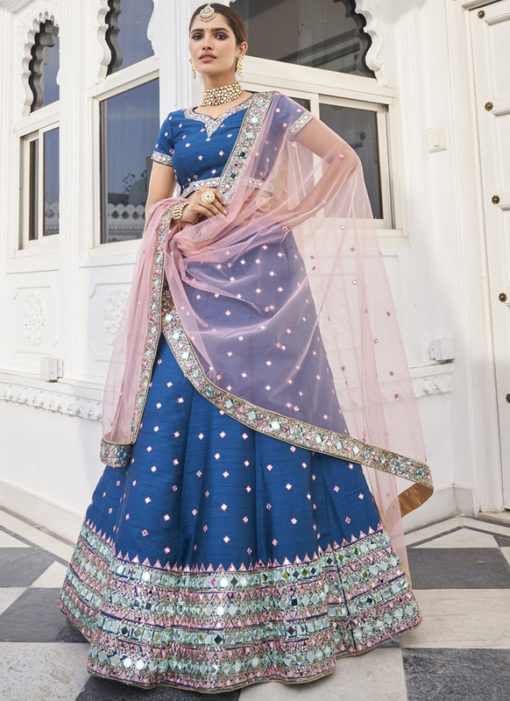 Fabulous Blue Silk Zari And Mirror Work Designer Lehenga Choli