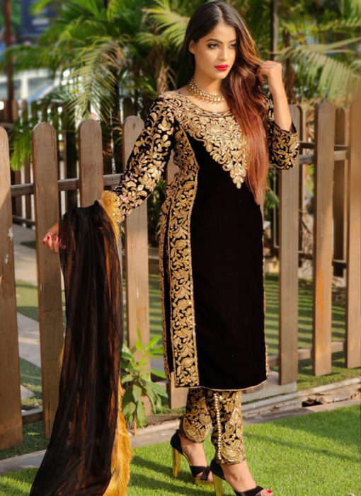 Eira Black Velvet Embroidered And Stone Work Party Wear Salwar Suit