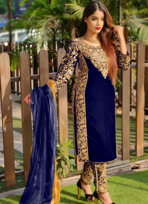 Eira Blue Velvet Embroidered And Stone Work Party Wear Salwar Suit
