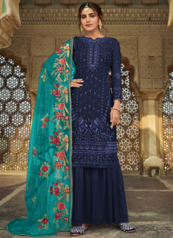 Lovely Blue Faux Georgette With Heavy Embroidery Sequence Work Salwar Suit